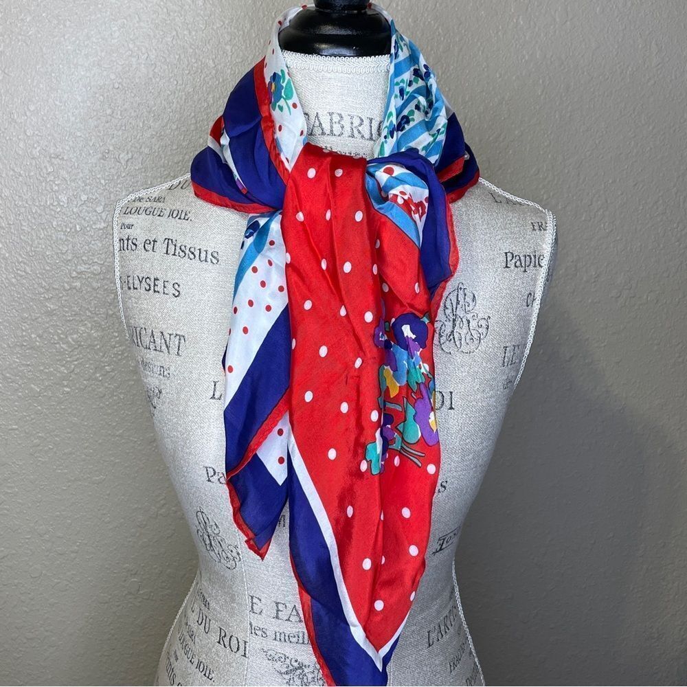Vintage 70’s Honey Silk Scarf Floral and Polkadot red White Blue Yellow Green